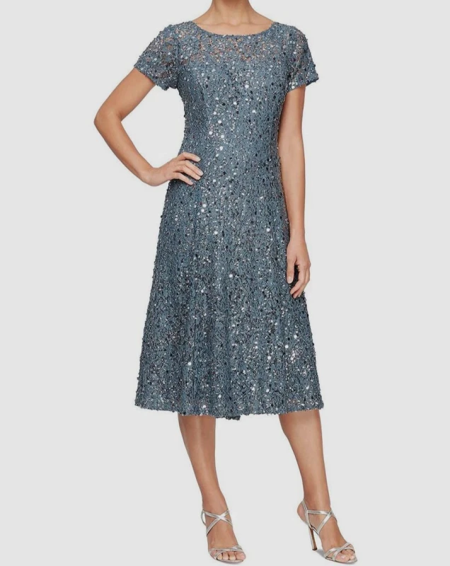 SLNY Blue Tea Length Cap Sleeve Sequin Lace Dress